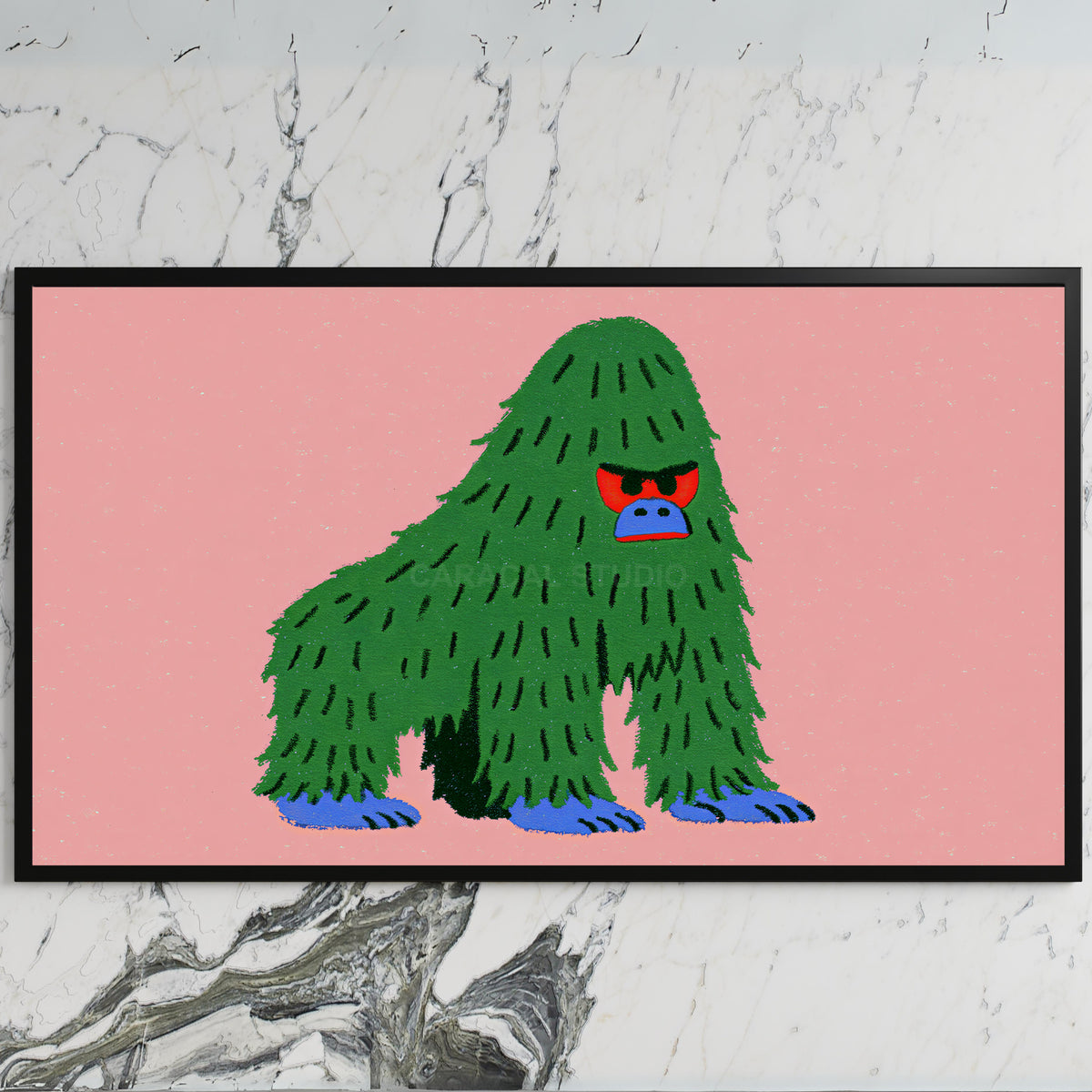 Grumpy gorilla art on a black TV on a white marble wall