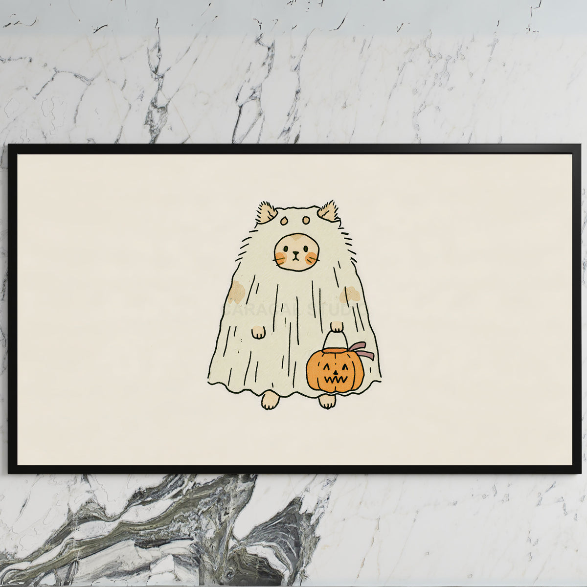 Ghost cat art on a black TV on a white marble wall