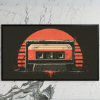 Retro cassette tape art on a black TV on a white marble wall