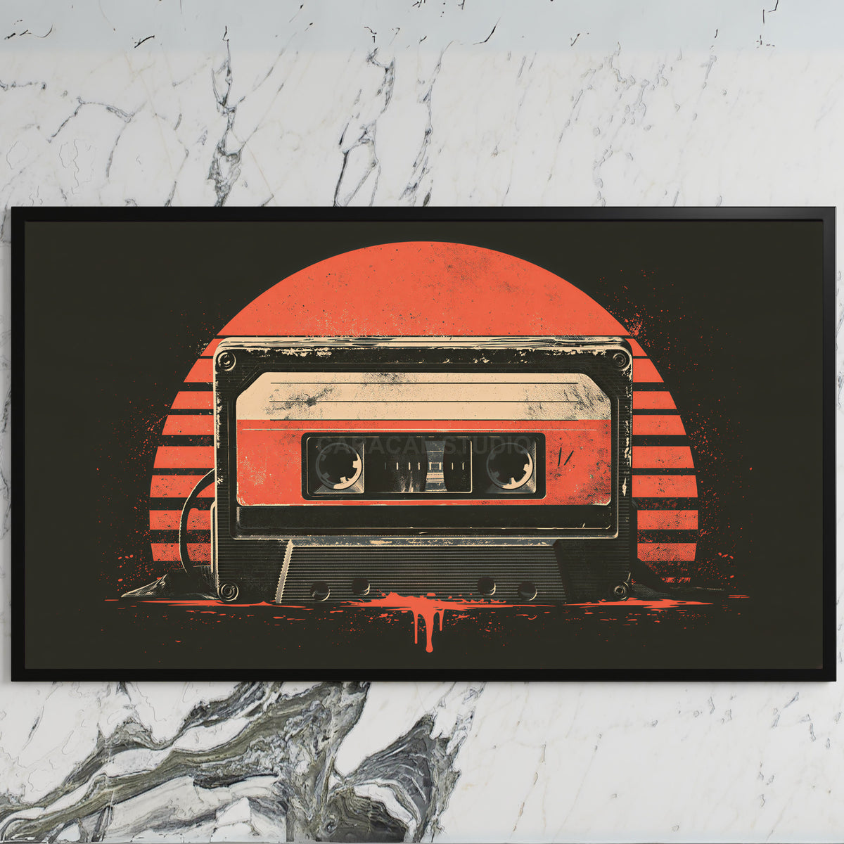 Retro cassette tape art on a black TV on a white marble wall