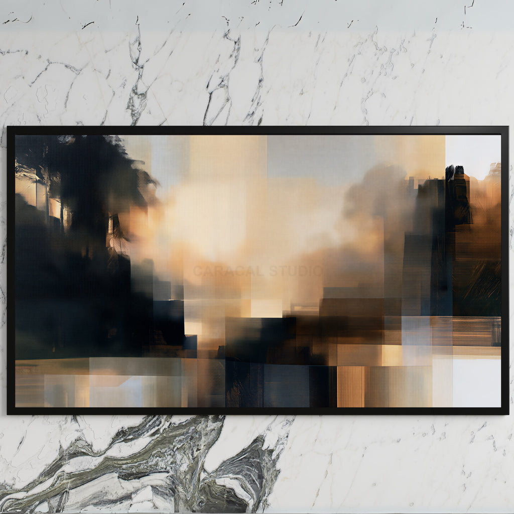 Moody abstract glow art on a black TV on a white marble wall