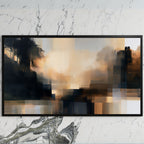 Moody abstract glow art on a black TV on a white marble wall