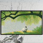 Lake and tree landscape art on a black TV on a white marble wall