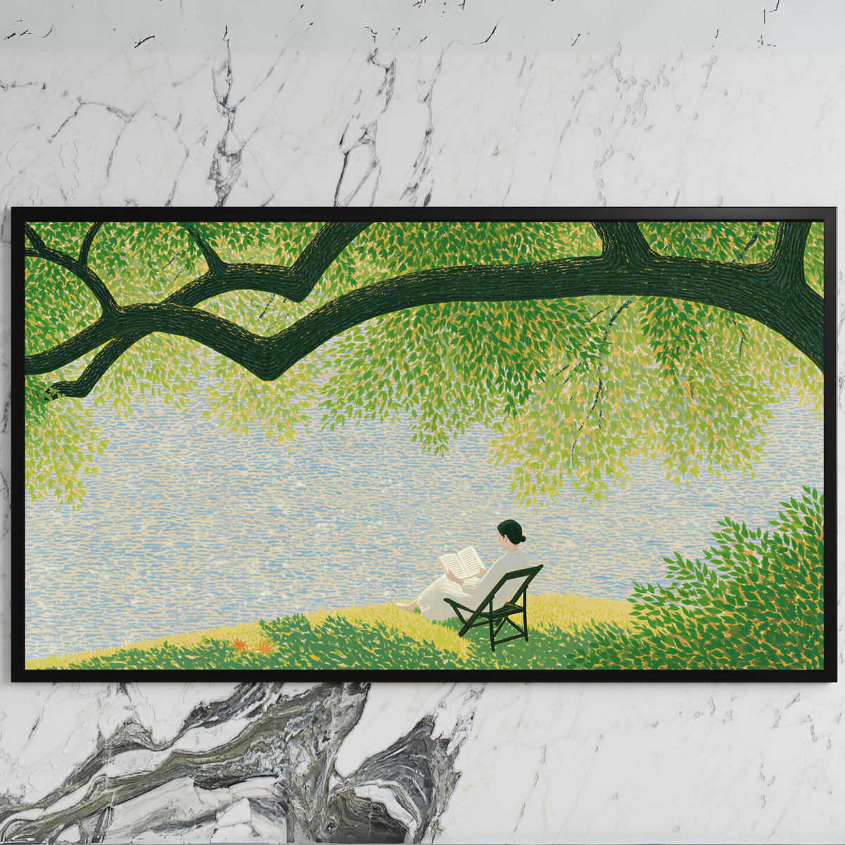Lake and tree landscape art on a black TV on a white marble wall