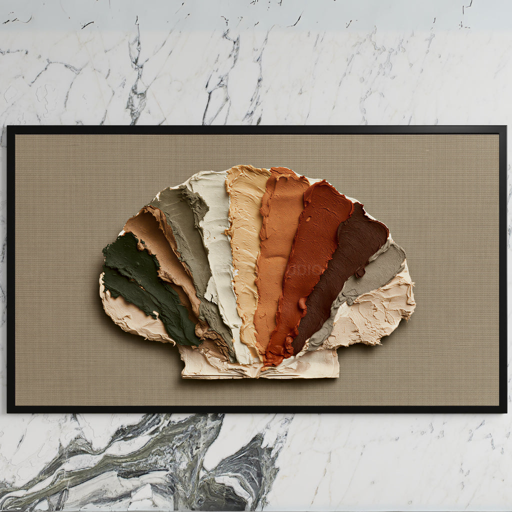 Earthy impasto seashell art on a black TV on a white marble wall