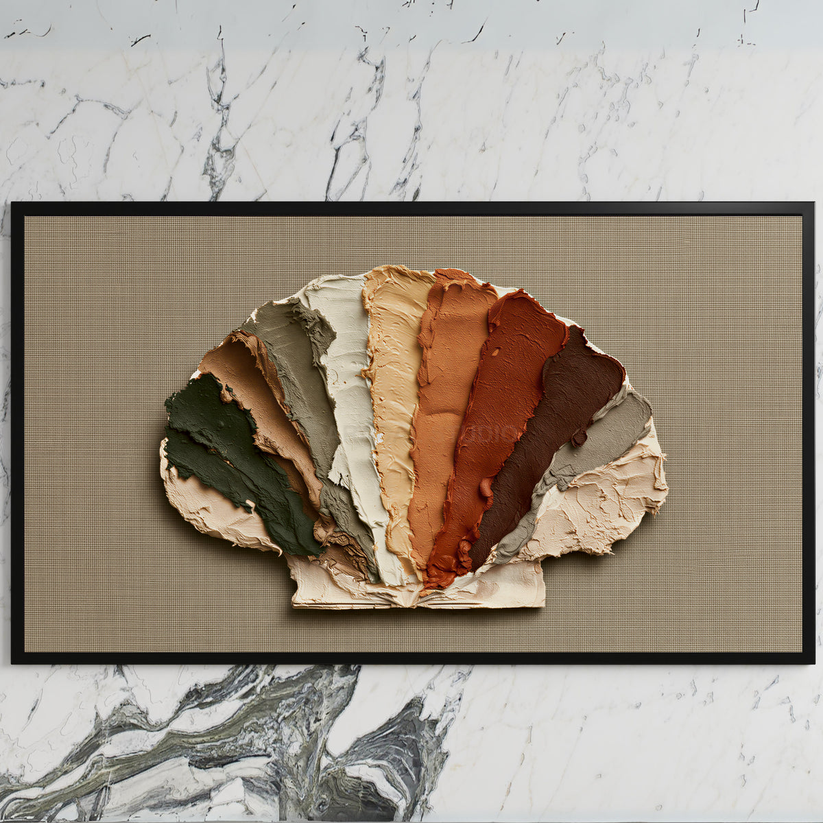 Earthy impasto seashell art on a black TV on a white marble wall