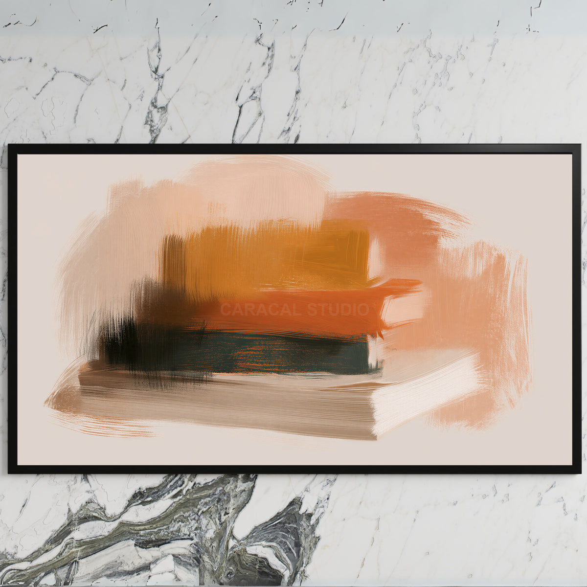 Book stack art on a black TV on a white marble wall