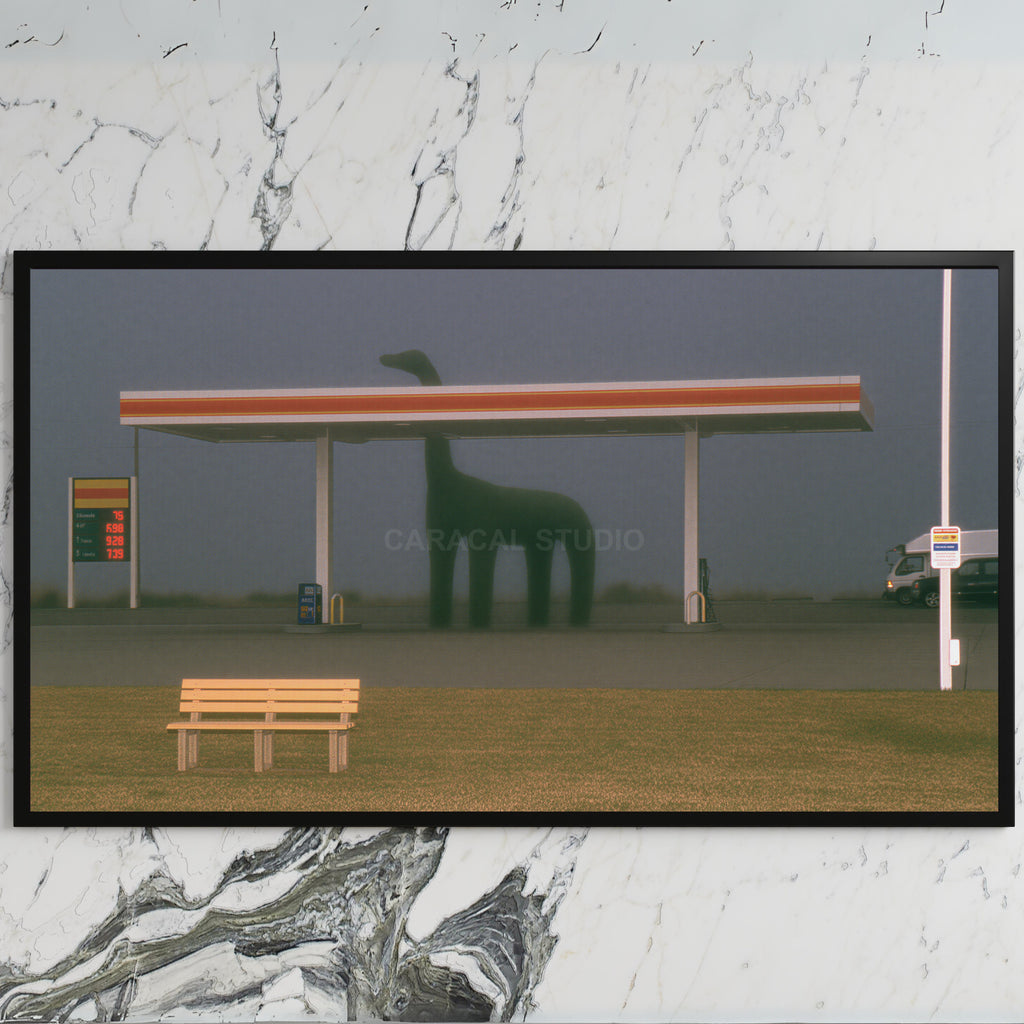 Foggy gas station art on a black TV on a white marble wall