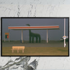 Foggy gas station art on a black TV on a white marble wall