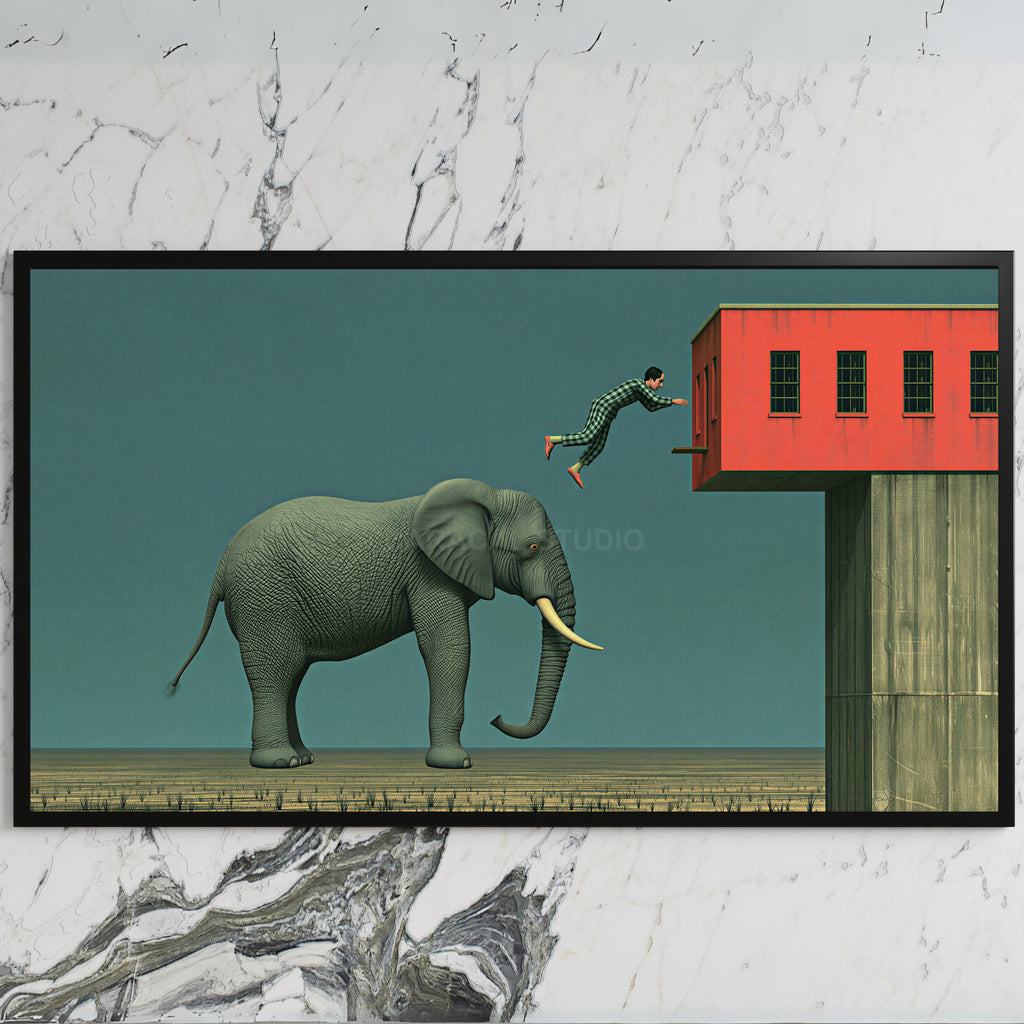 Elephant and leaping man art on a black TV on a white marble wall