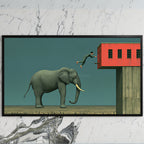 Elephant and leaping man art on a black TV on a white marble wall