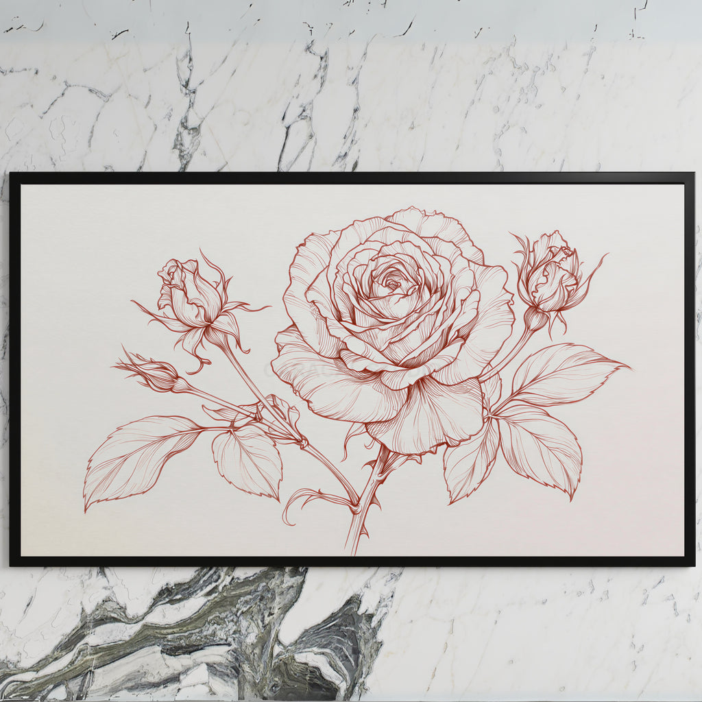 Rose line drawing art on a black TV on a white marble wall