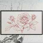 Rose line drawing art on a black TV on a white marble wall