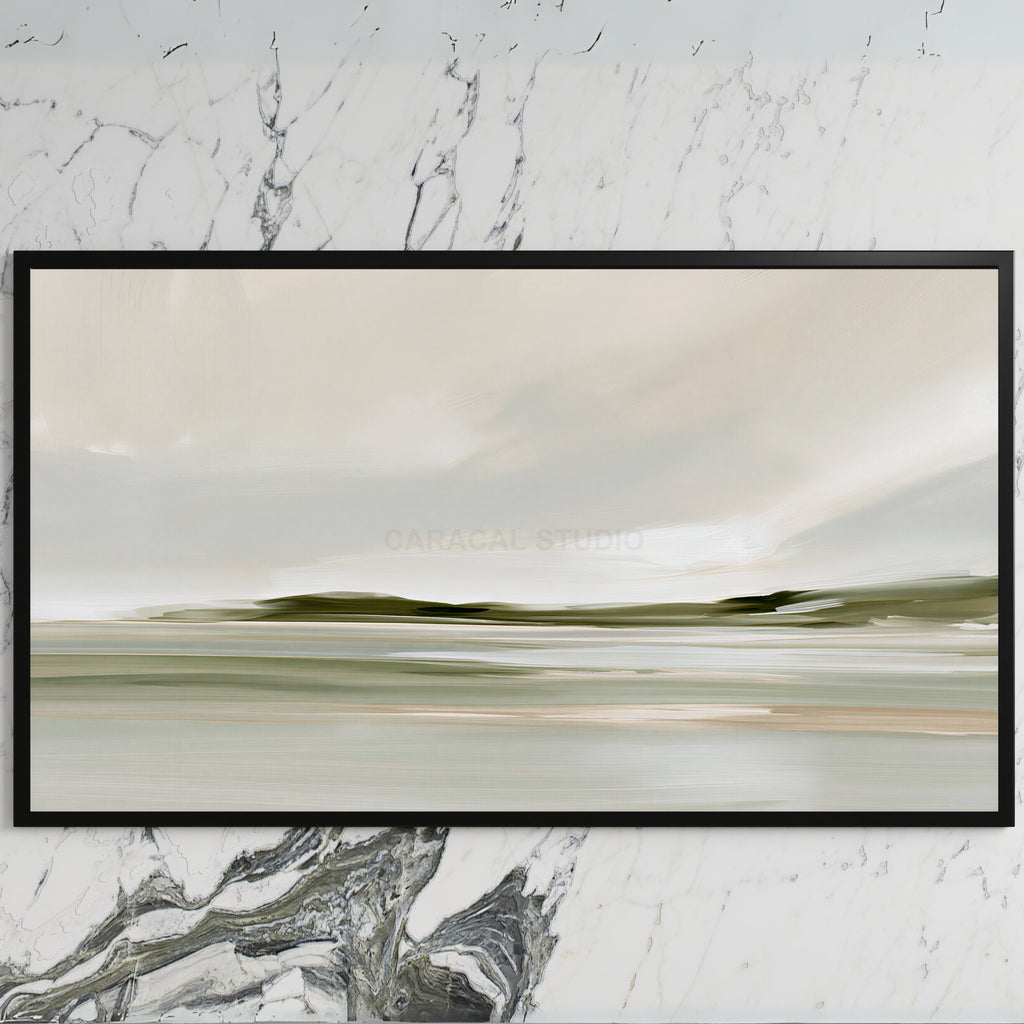 Misty sage shoreline art on a black TV on a white marble wall