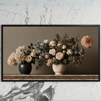 Roses and hydrangeas still life art on a black TV on a white marble wall