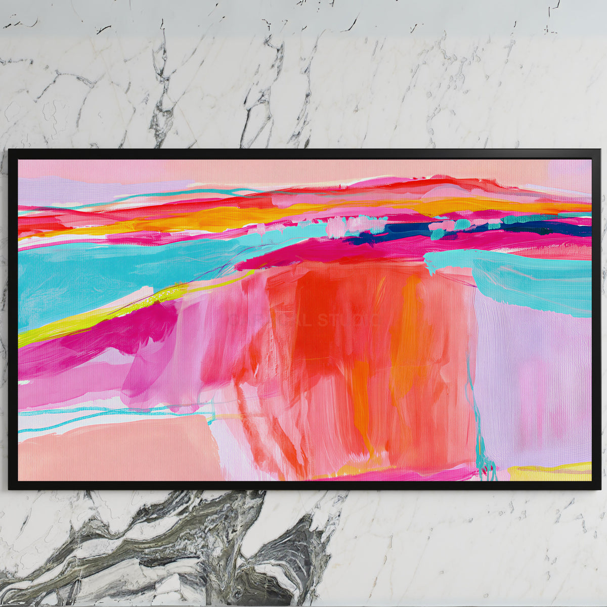 Pink abstract horizon art on a black TV on a white marble wall