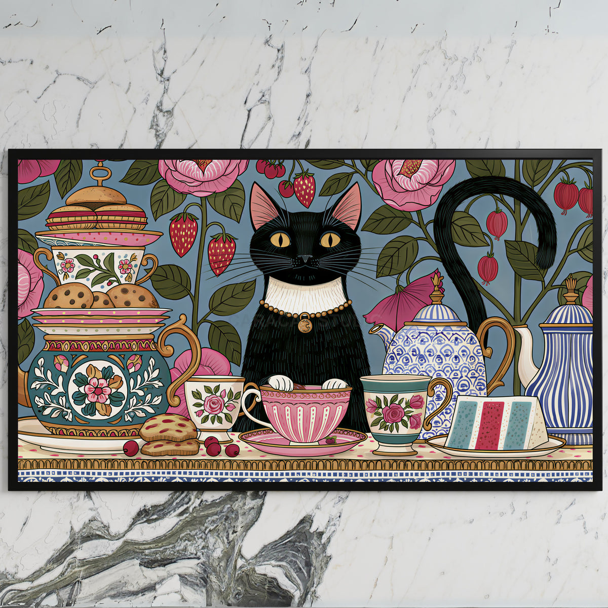 Black cat at a tea party art on a black TV on a white marble wall