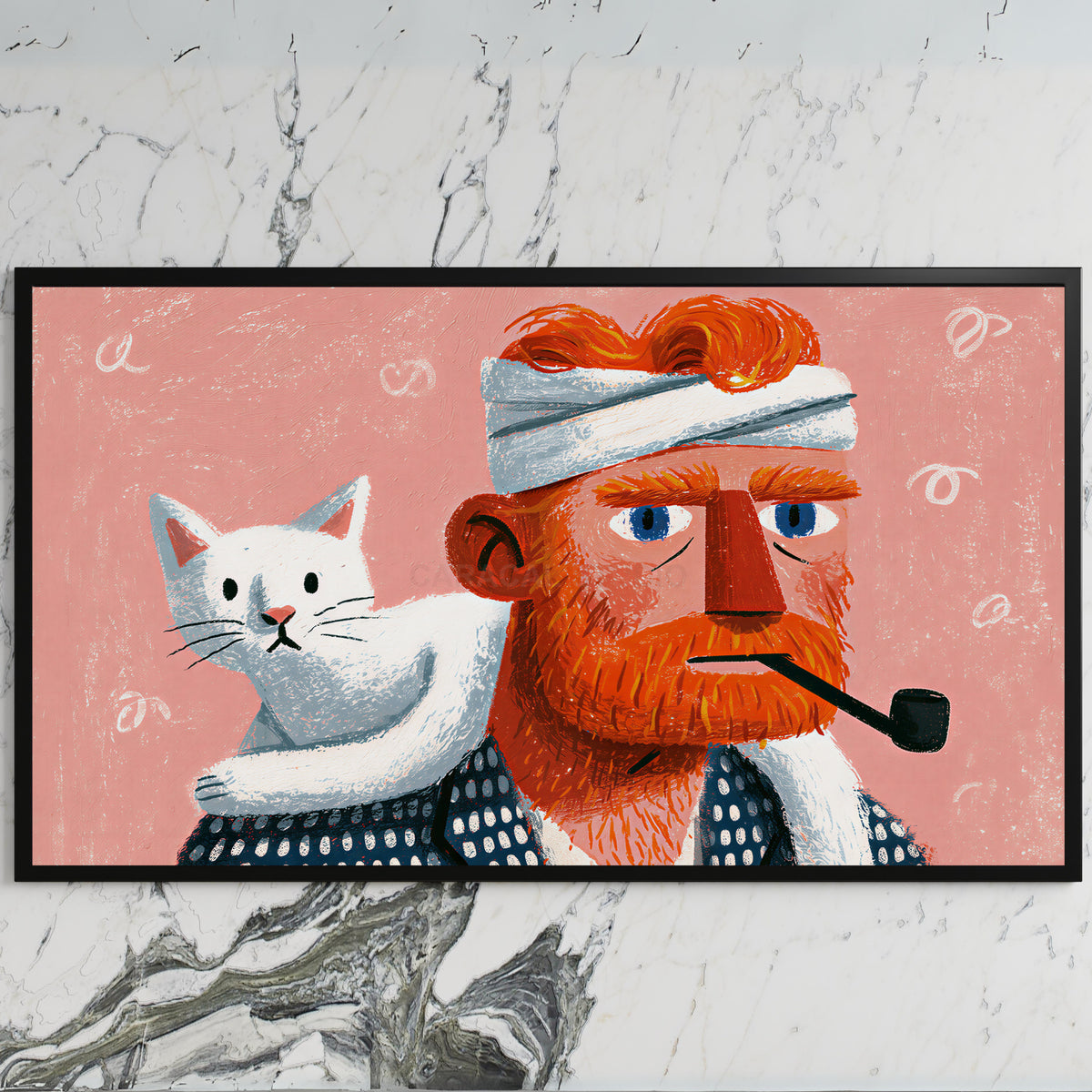 Bearded man and cat art on a black TV on a white marble wall
