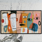 Colorful abstract faces art on a black TV on a white marble wall