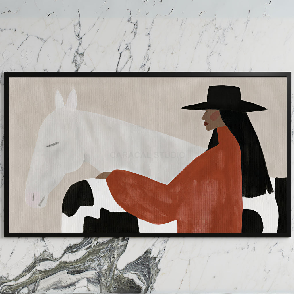 Cowgirl and her horse art on a black TV on a white marble wall
