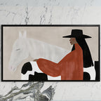 Cowgirl and her horse art on a black TV on a white marble wall