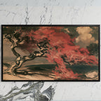 Japanese tree landscape art on a black TV on a white marble wall