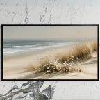 Dune grass and daisies art on a black TV on a white marble wall