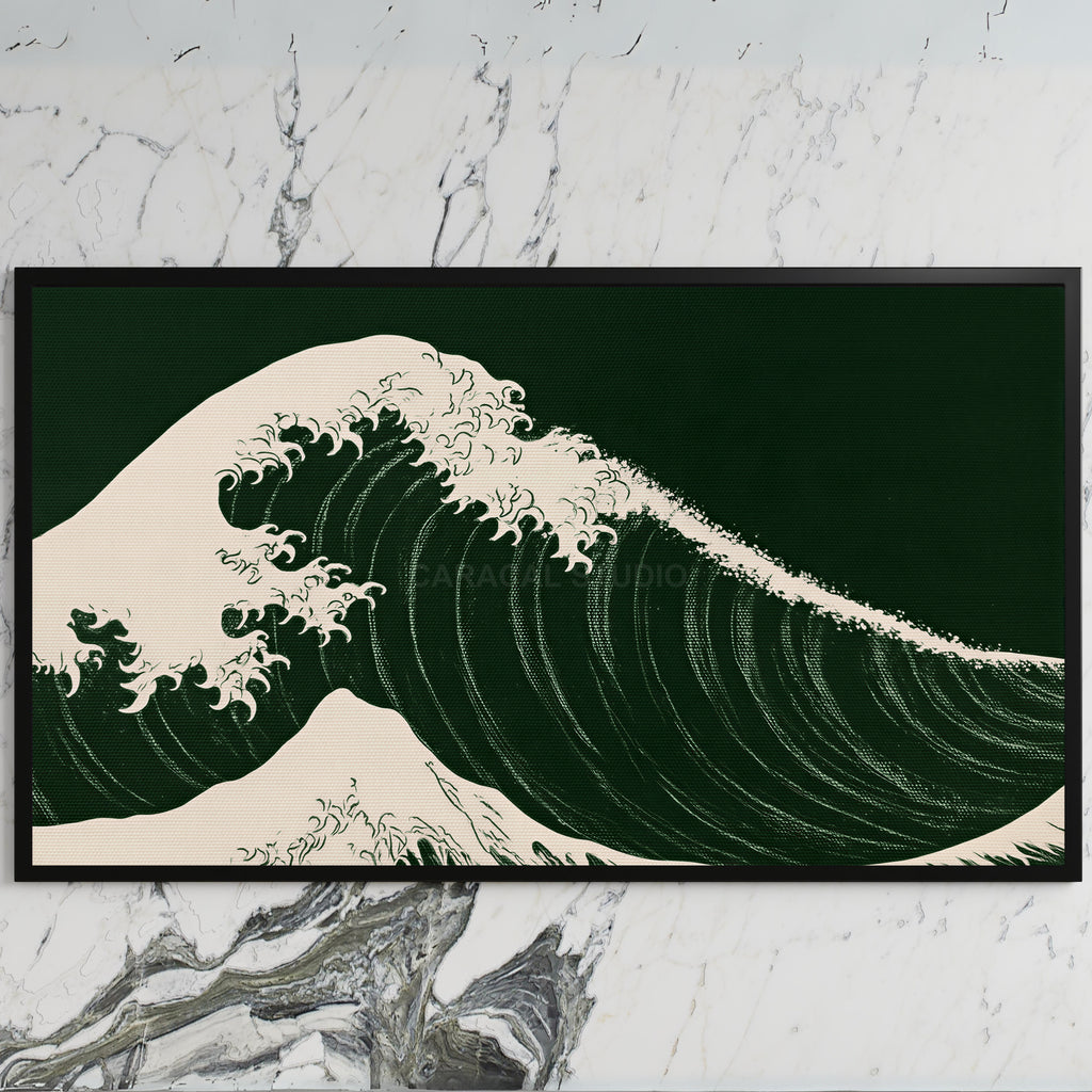 Japanese wave art on a black TV on a white marble wall
