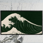 Japanese wave art on a black TV on a white marble wall