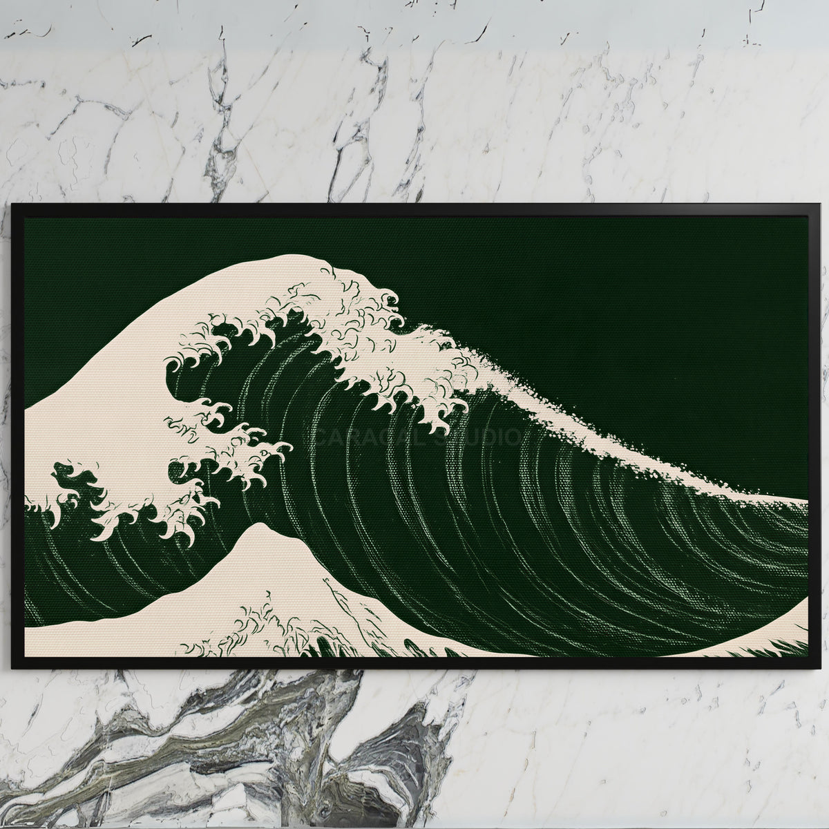 Japanese wave art on a black TV on a white marble wall
