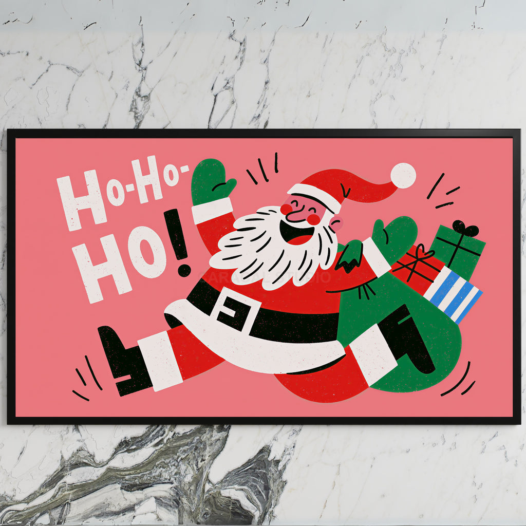 Jumping Santa art on a black TV on a white marble wall