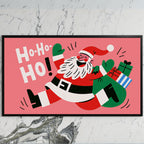 Jumping Santa art on a black TV on a white marble wall