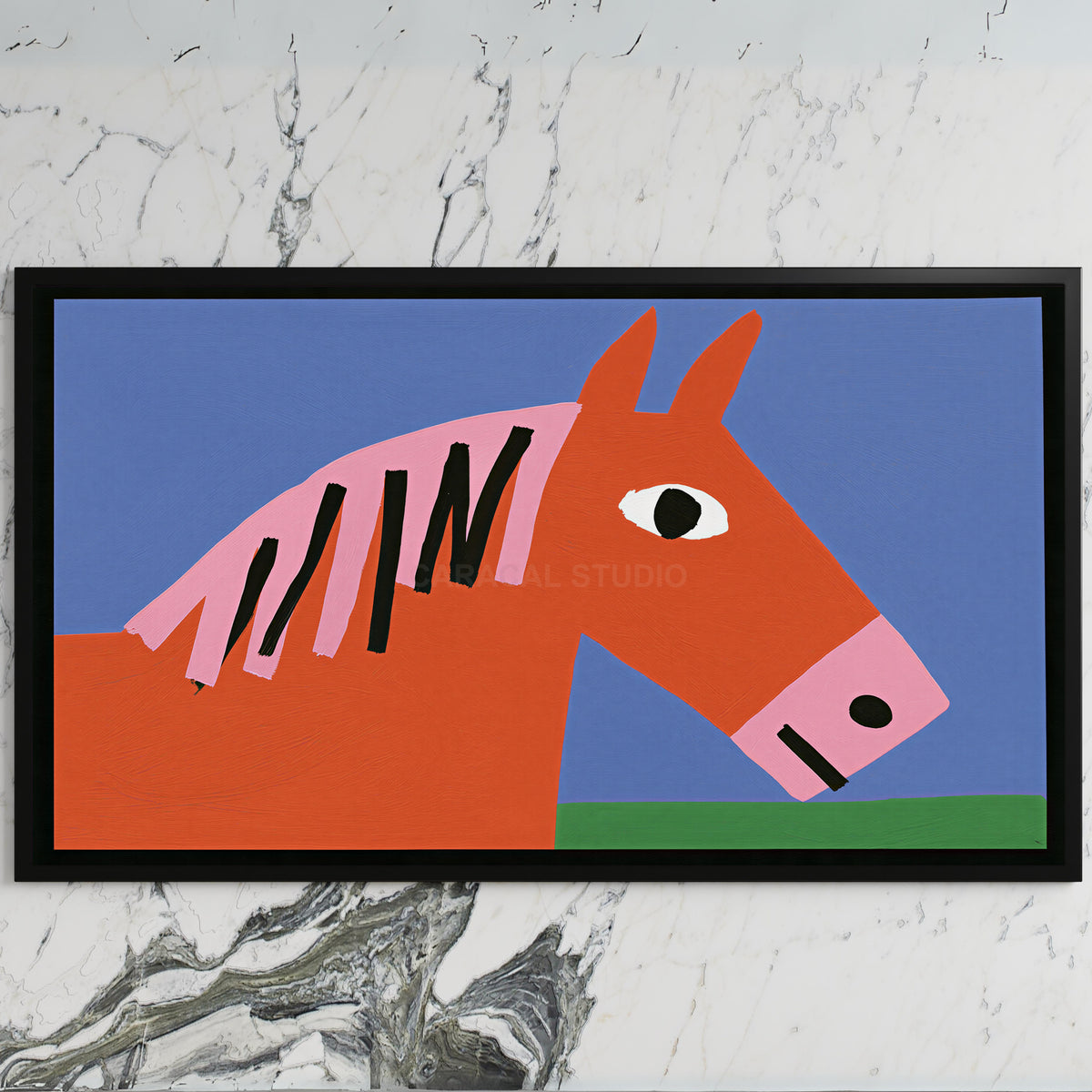 Naive horse art on a black TV on a white marble wall
