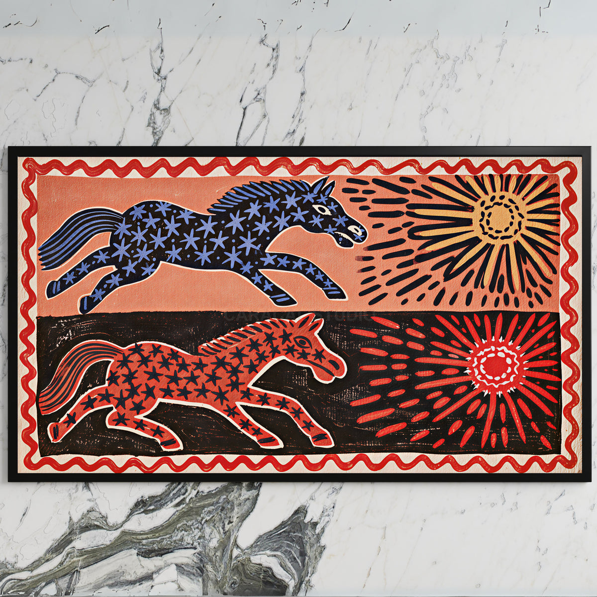 Folk star horses art on a black TV on a white marble wall
