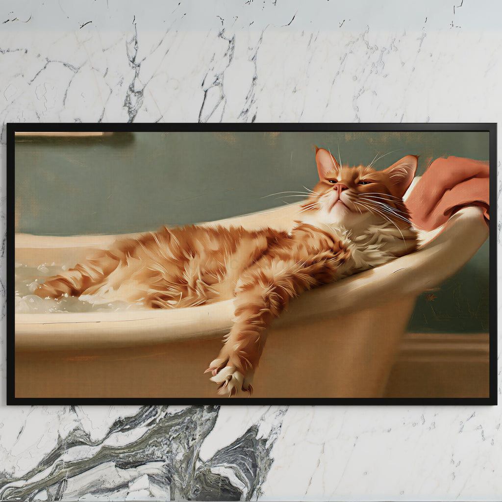 Cat in a bathtub art on a black TV on a white marble wall