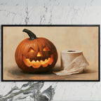 Jack-o'-lantern and toilet paper art on a black TV on a white marble wall