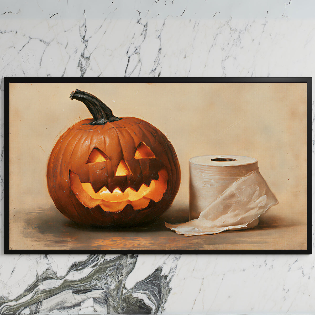 Jack-o'-lantern and toilet paper art on a black TV on a white marble wall