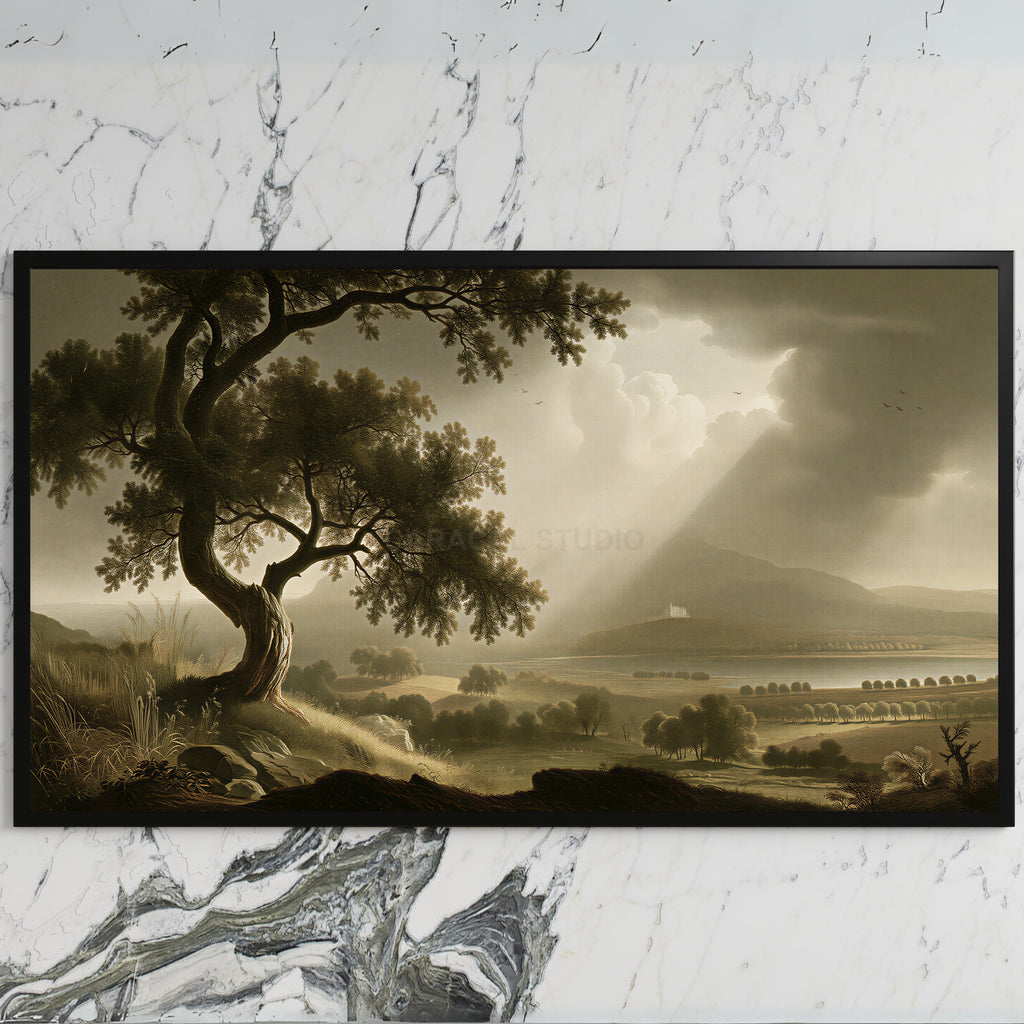 Vintage tree landscape art on a black TV on a white marble wall