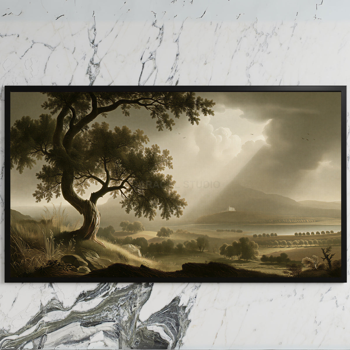 Vintage tree landscape art on a black TV on a white marble wall