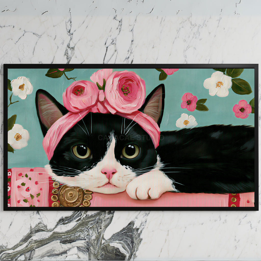 Cat with a flower crown art on a black TV on a white marble wall