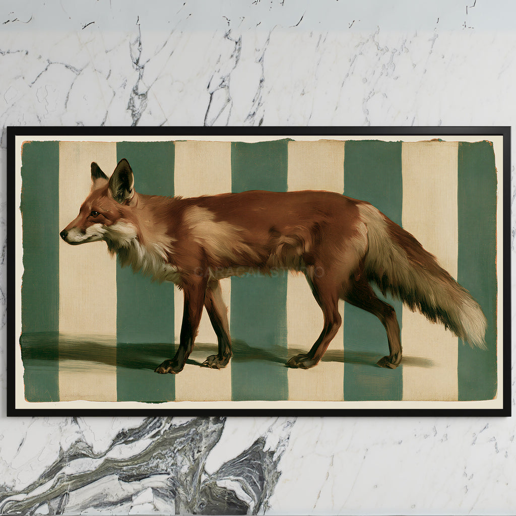 Red fox art on a black TV on a white marble wall