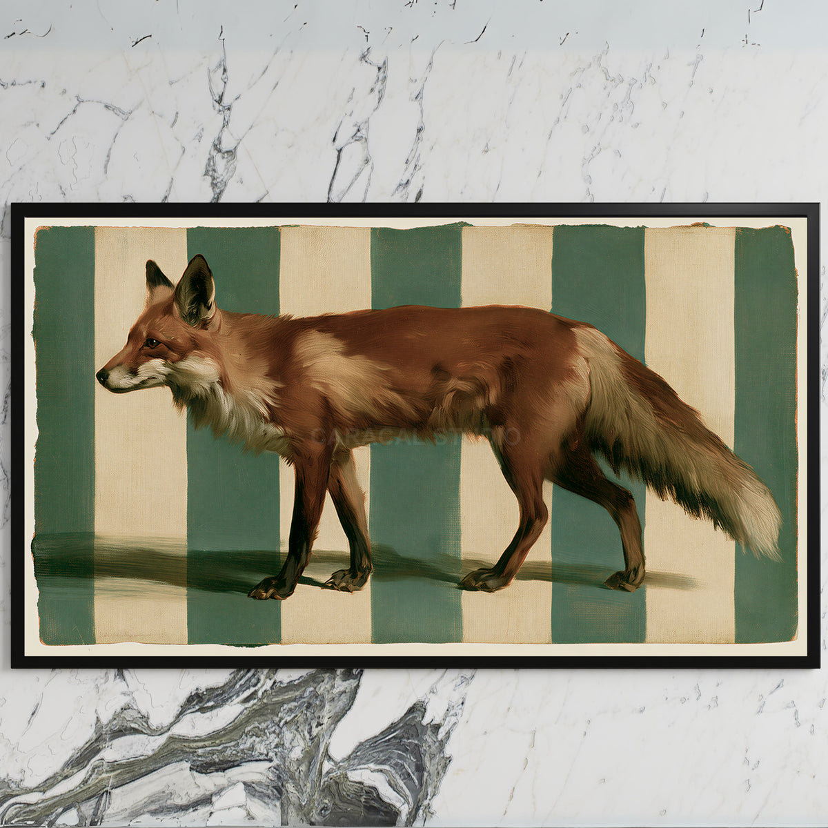 Red fox art on a black TV on a white marble wall