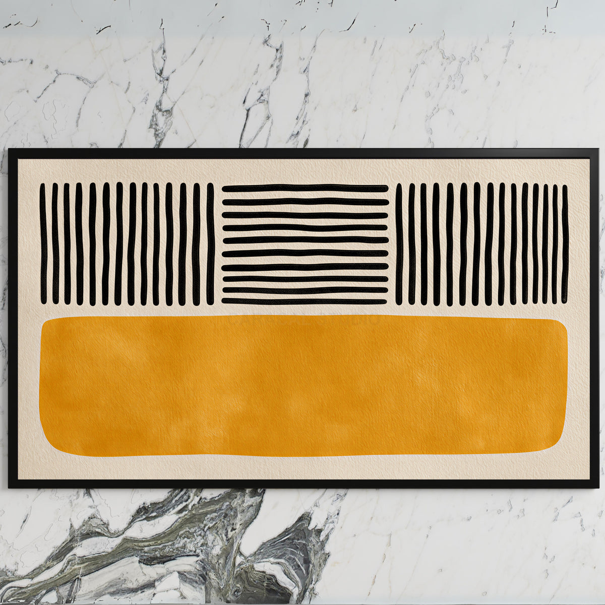 Abstract lines and color block art on a black TV on a white marble wall