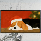Sleeping beagle art on a black TV on a white marble wall