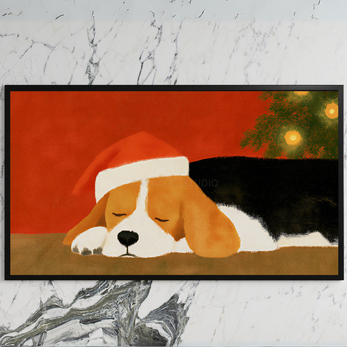 Sleeping beagle art on a black TV on a white marble wall