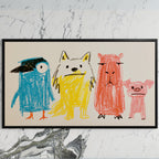 Crayon animals art on a black TV on a white marble wall
