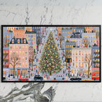 Snowy city street with a big tree art on a black TV on a white marble wall