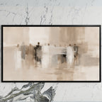 Neutral abstract figures art on a black TV on a white marble wall