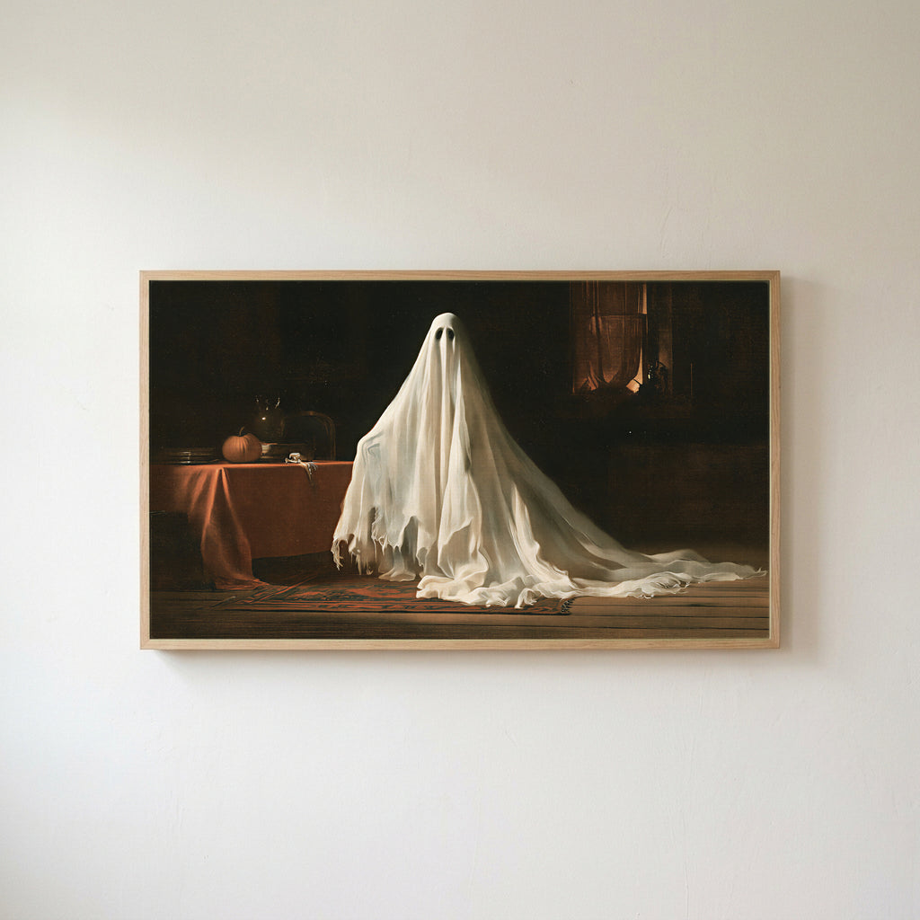 Vintage ghost Frame TV art in an oak frame on a warm white wall