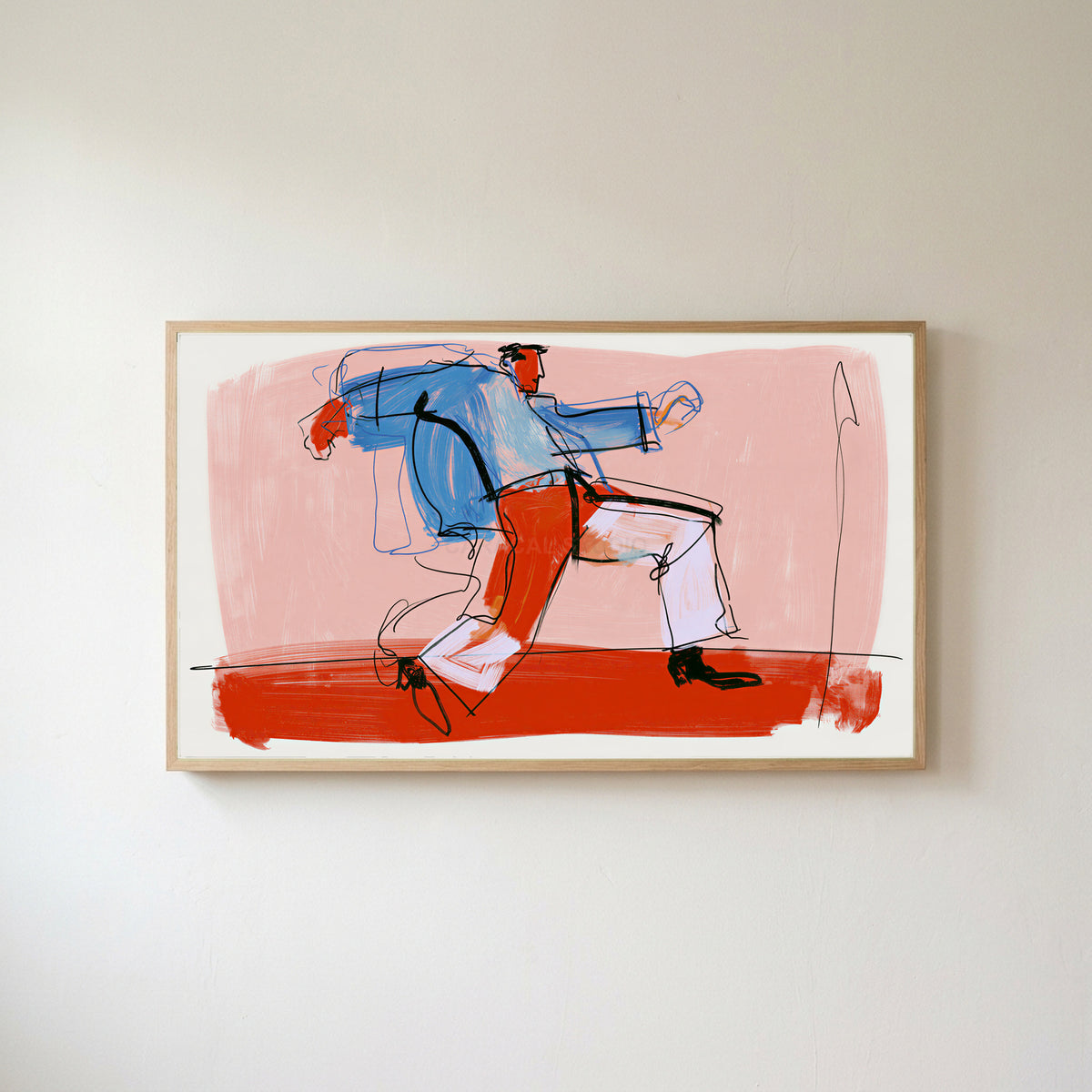 Dancing man line Frame TV art in an oak frame on a warm white wall